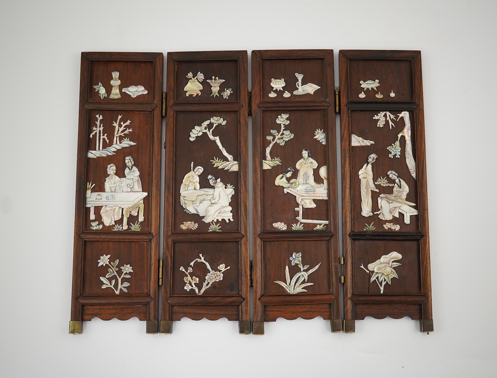 A Chinese mother-of-pearl overlaid hardwood miniature table screen, 19th century